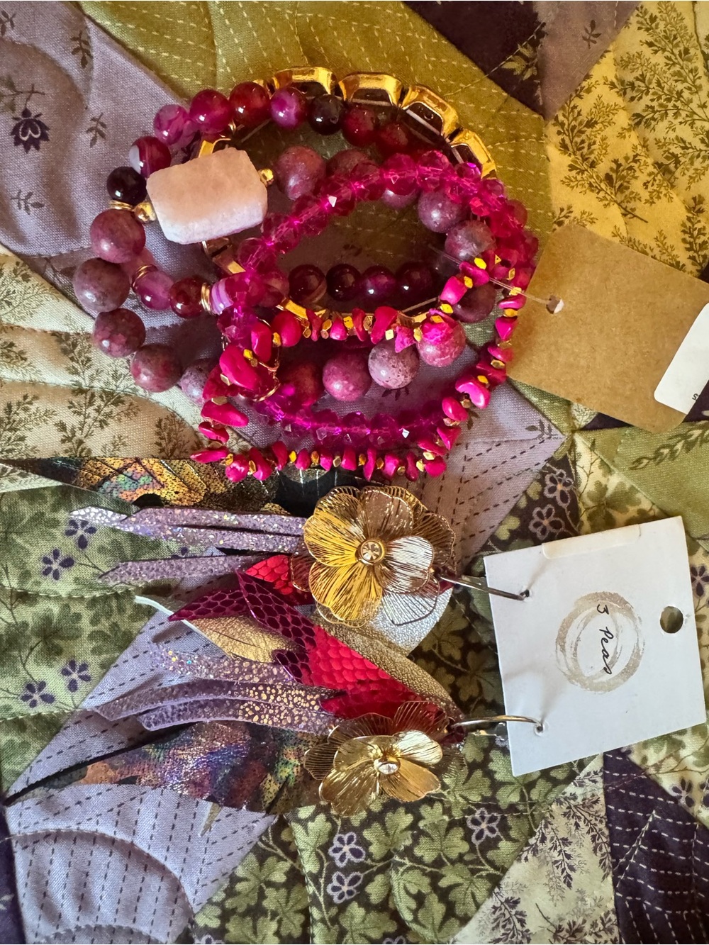 Pink Beaded Stretch Bracelets and Floral Feather Earrings